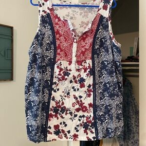 Woman Within Red and Blue Floral Sleeveless Blouse